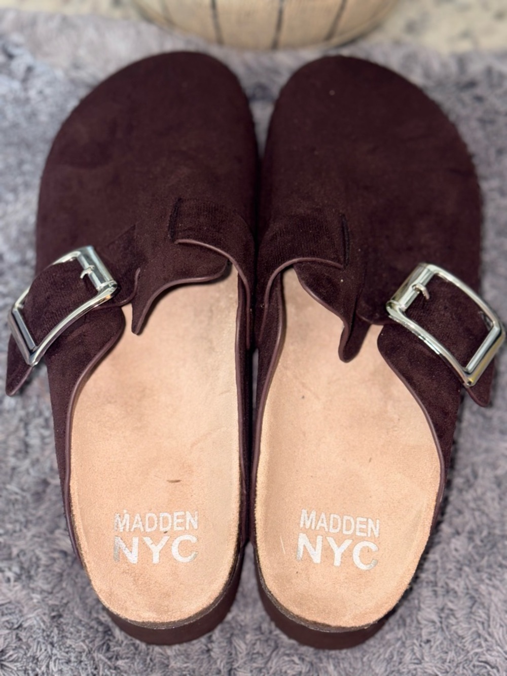 Madden NYC Women's Dark Brown Suede Buckle Mules - Picture 6 of 6